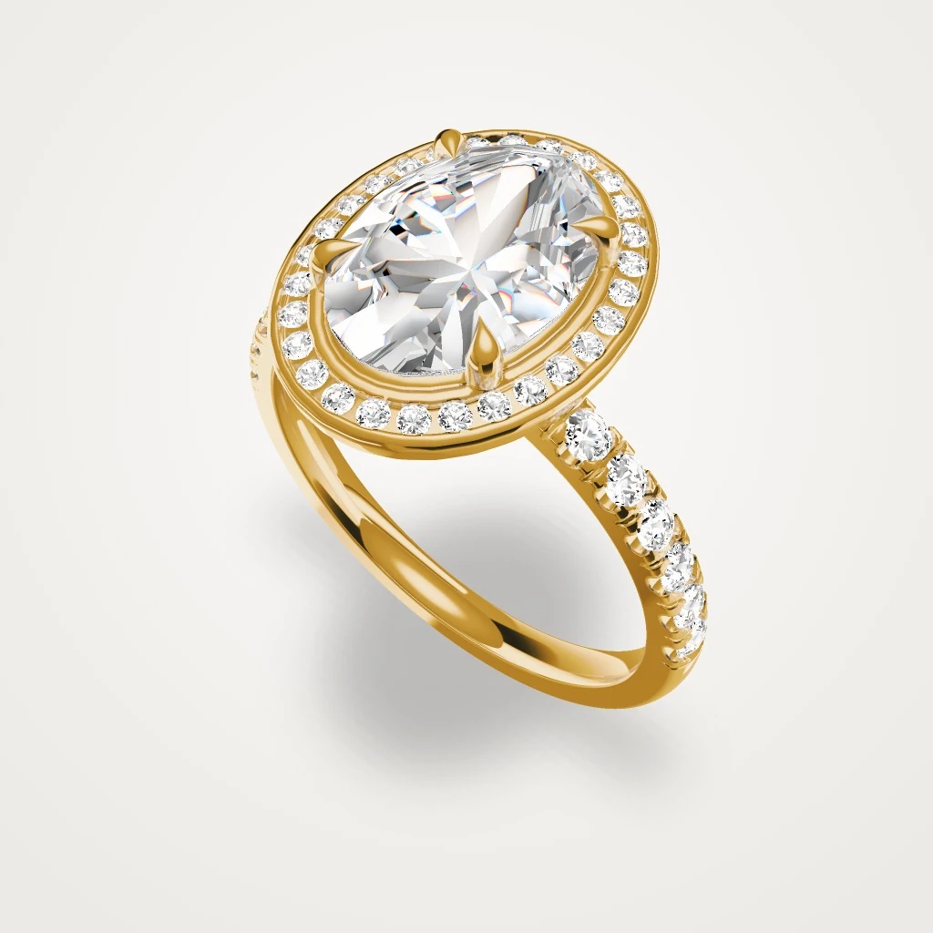 2 ct oval diamond, channel-set halo, claw prongs, and a slim domed 18k yellow-gold band with pavé halfway around