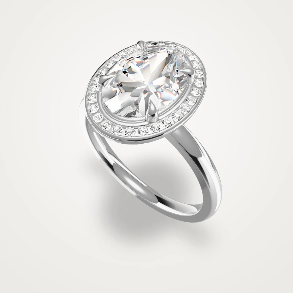 2 ct oval diamond, channel-set halo, claw prongs, and a slim domed plain 18k white-gold band